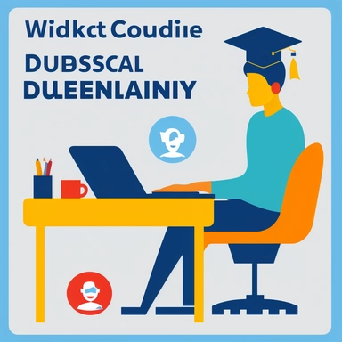 Design a PNG printable clipart featuring a student sitting at a desk with a laptop, engaged in an online lesson. Surround the student with digital icons representing various educational resources such as ebooks, video lectures, and online quizzes. Add Wi-Fi symbol to signify connectivity and a graduation cap to represent the pursuit of knowledge. Don't add any text