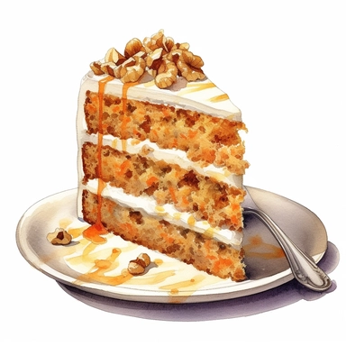 watercolor, hyper realistic, white background, white margins, 16k, ultra detailed clipart, cut out image, hand-drawn carrot cake with cream cheese frosting, garnished with grated carrots and chopped walnuts. in the style of colorful ink wash paintings, charming character illustrations, piles/stacks, creative commons attribution, digital painting, barroco