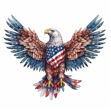 digital clipart, solid white background, a realistic martial flying eagle wearing 4th July apparel