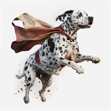 dalmation jumping in mid air wearing a cape, watercolor clipart, white background, no text or logos,