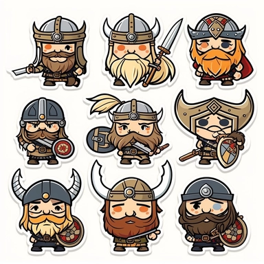 10 cute Viking soldier army stickers collection, clipart design, cartoon, 4k, white background
