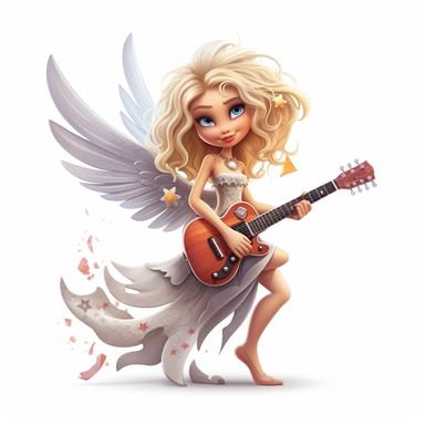a beautiful fairy, rock star with guitar, cartoon, big wings, clipart, white background