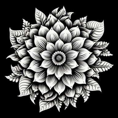 mandala made of flowers , in circle shape, ornate, lineart, clipart, black and white, png , black background, realistic
