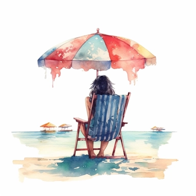 Vintage Cute Beautiful The girl lying on the beach chair and under the sea umbrella Back View Watercolor Sublimation Clipart,Cartoon, hyper realistic, intricate detail, illustration style,high solution,on the white background