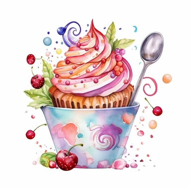 A watercolor clip-art showcasing a colorful and whimsical ice cream cup or bowl filled with scoops of ice cream, adorned with creative toppings and decorative elements, adding a touch of fun and playfulness to your designs.