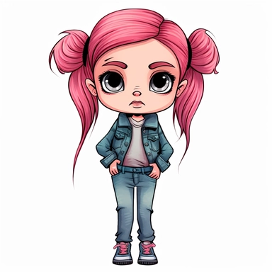 little girl doll style, black contour thin lines, jeans, sneakers, pigtails, pink hair, cartoon, clip art, cute eyes, illustration for kids, disney,