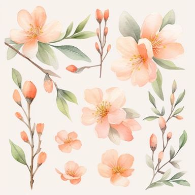 Trendy watercolor clipart featuring delicate peach blossoms painted in soft pastel tones, accompanied by five ripe peaches in the picture. The watercolor medium brings out the ethereal beauty of the blossoms, with intricate brushstrokes capturing their graceful petals and intricate details. The peaches add a touch of vibrant color and visual interest to the composition, complementing the softness of the blossoms. The trendy design incorporates a modern color palette, blending subtle and harmonio