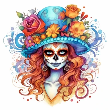 Day of the dead la catrina in the style of water color painting, vibrant colors, on a white background style by Lucy Fleming, watercolor, smooth gradients, black contour outline, ultra detailed, clipart elements, delicate pastel colors, solid white background, super clear, high quality