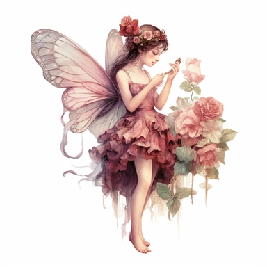 vintage whimsical adorable little fairy with butterfly wings and burgundy peonies, profile, full body, clipart style, accurate details, oil painting technique, pastel colors, super high quality, professional clipart, high resolution, isolated white background