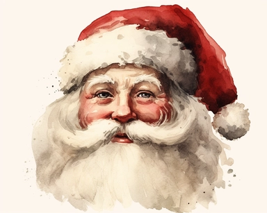 1950’s. Retro Santa Claus face with his classic white beard and red stocking cap trimmed in white fur. Watercolor clipart, Retro Santa Claus face