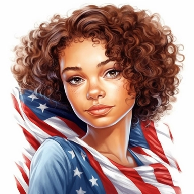 Cute Beautiful biracial teen girl face Veteran 4th of July Sublimation Clipart,Cartoon,hyper realistic, intricate detail, illustration style,high solution,on the white background
