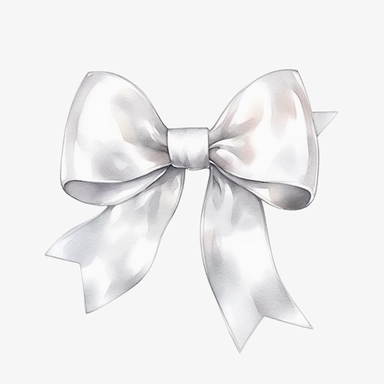 Clipart, watercolor, white background: A graceful satin ribbon bow with a smooth and silky touch, enhancing the beauty of any gift or decoration.