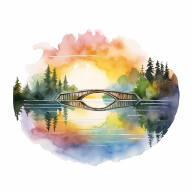 Lakeside Rainbow Bridge: A bridge overlooking a tranquil lake, with a reflection of a rainbow in the water ,Watercolor, pastels, clipart, beautiful, colourfull, png transparent white background, high resolution no caption