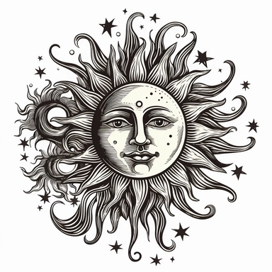 fine lineart clipart handdrawn mystical moon sun illustration black and white