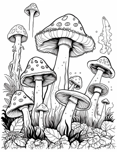 a clean coloring book page of a group of enchanted mushrooms, whimsigoth, tiedye, witchcore, clipart