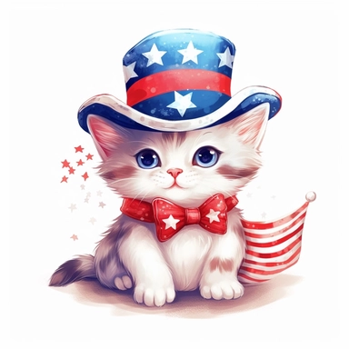 american flag day, clipart, a beautiful cat wearing american hat, beautiful, gralistic, cute, white background