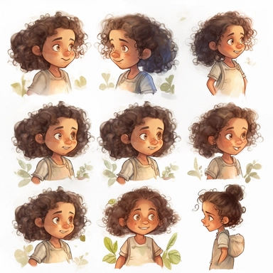 Little girl exploring, character sheet, illustration for book, children's book, multiple positions,five years old, curly hair, dark brown hair, long hair,Watercolor Clipart, strybk, full Illustration, 4k, sharp focus, watercolor, smooth soft skin, symmetrical, soft lighting, detailed face, concept art, watercolor style, strybk, children's style fairy tales, chibi kawaii, . Octane rendering, 3d. Perfect face, detailed face, delicate face, perfect sharp lips, detailed eyes. Craig Davison, Aubrey B