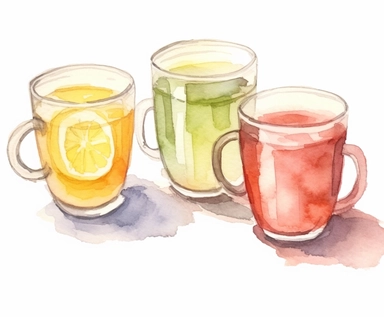 watercolor four Tea clipart, flat style, no volume, few details, washed out, minimalistic style, very lose details, very light colors, transparent colors, light airy hues and pastel tones, spaced out, white background, washed out colors and paint, hand-painted watercolor, watercolor paper with visible rough paper texture, a variety of watercolor brushes, do not cross workspace borders, rough watercolor paper texture on top
