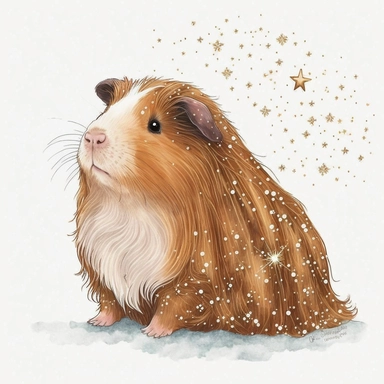 happy long haired guinea pig at Christmas time, cartoon, glitter, stars, snowflakes, watercolor, white background, clipart