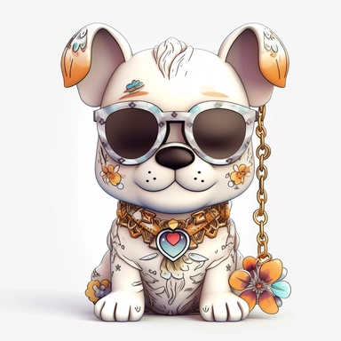 funny kawaii Puudle Puppy with Balenciaga sunglasses and cool necklaces,cute illustration, clipart, white backgound, Cuttable Design,full body French Bulldog head using light neutral muted colors, boho style background, watercolor drawing, incorporating elements like feathers, dreamcatchers, or floral patterns, UHD