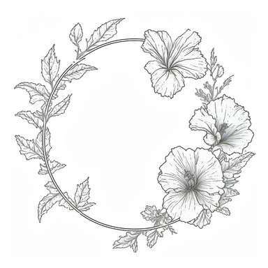 circle Botanical Frame, rose of sharon, clipart, white background, continuous line