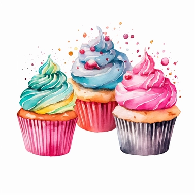 Cupcakes, water color style, clipart, white background transparent background