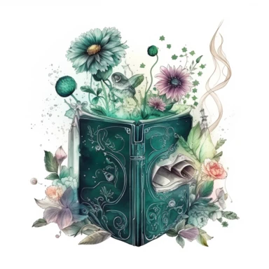 witch magical book decorated with flowers , in the style of mystic mechanisms ,pencil art illustrations, Isolated white background, reimagined by industrial light and magic, lith printing, illusory images, watercolor clipart, very subtle emerald tones, , ,