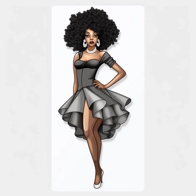 Create clipart sticker featuring white background a full-body runway pose, of a beautiful, black African-American girl confidently wearing stilettos, model wearing fashion designer clothing Couture and Ready-to-Wear: Designer clothing encompasses both haute couture (high-end, custom-made pieces) and ready-to-wear (ready-made garments available for purchase). Haute couture garments are meticulously crafted to the client's