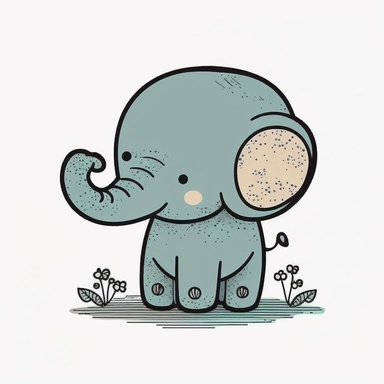 very cute little elephant, smiling, handmade children simple doodle, minimalistic, illustration for babies, delicate, vibrant colors, vivid palette, vector art, defined thick black edges, white background, very simple doodle, symmetric, naif doodle, clip art