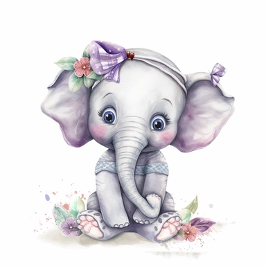 Clipart, adorable happy baby elephant, watercolor, by Betsey Johnson, intricate, illustration, detailed, 8k, png, isolated on white background