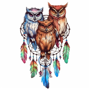 three colorful watercolor owls with a dream catcher, in the style of cartoon realism, dye-transfer, uhd image, free brushwork, captivating, colorful realism Clipart desert cartoon t-shirt graphic, vector,contour, isolated on a white background