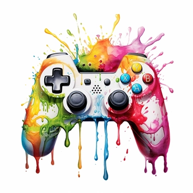 Melting,Gaming,Controller,Watercolor,clipart,hyper realistic,color splash,vibrant colors,white background