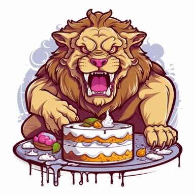 cute funny clipart of beast mode lion with cake in mouth graphic design for a tshirt in a cartoon style, heavy outlines,bold outlines, flat shading , vector, contour, isolated plain white background