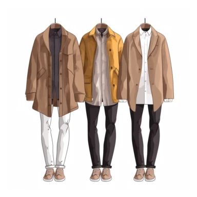 2d illustration of 3casual outfits, fashion illustration, clipart, illustration brown longline jacket with white shirt, on mannequin, white background, 360dpi, high resolution