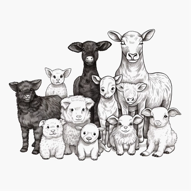 clipart, hyper realist cute doodle, svg black lines, farm animals, isolated white background , 8K
