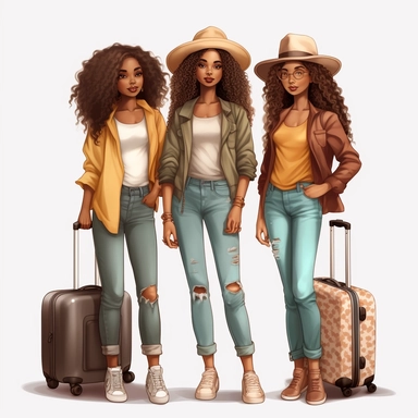 full body clip art+3 friend black Nubian woman+ long wavy hair+ kawaii+ standing next to suit case+ multiple traveling bags+ legs crossed at ankles+ high heels+skinny jeans and nice shirt+big hat+vacation vibes+detailed+ niji 5+ uhd+ png clipart+ airport
