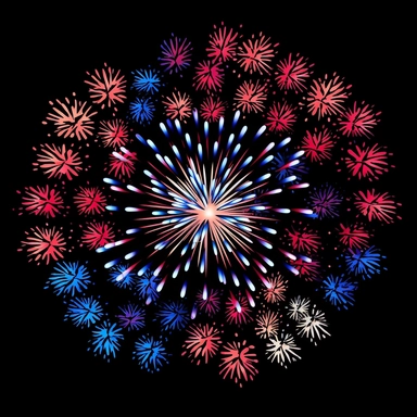 red white and blue colored fireworks svg clipart simple line work vector, no shading, black background