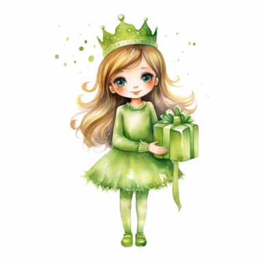 watercolor little princess clipart, green tone colors, big eyes, smiling, lovely, adorable, wearing crown, holding a gift, full body, on white background