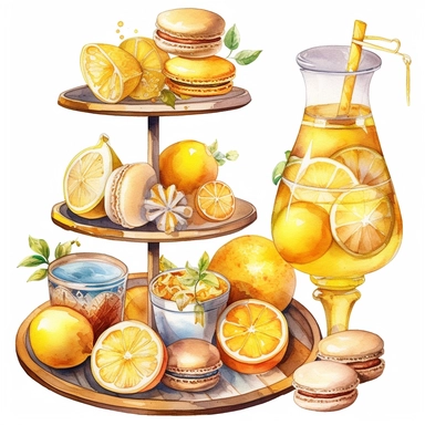 sweet colorful, gold, watercolor, honey Lemons Clipart, Macaron,boba drink, lemon drink,variety of fruit juice drippin, on luxury stand, luxury Icon Set, detailed, isolated white background, hand painting , single design