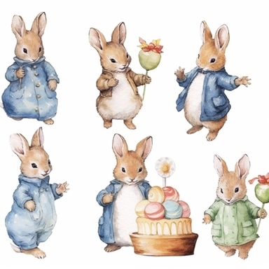 Imagine a charming Beatrix Potter style PNG clip art of peter rabbit, perfect for a baby's birthday or nursery decor. The scene should feature peter rabbit an adorable, anthropomorphized baby animals in vintage attire, should be involved in a joyous birthday celebration, with a beautifully decorated cake, colorful balloons, and wrapped gifts. The color palette should be soft and muted, invoking the vintage style of Beatrix Potter's illustrations. The art piece should be on a white background to 