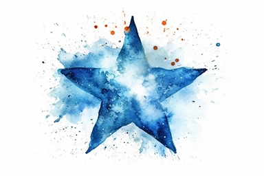 Watercolor, Craft a blue-white star, blazing with intense heat and radiating a piercing light clipart, hd, on a white background, spaced out