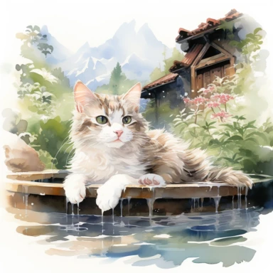 Domestic Shorthair cat happily soaking in the famous open-air hot spring in Niigata, Japan, Clipart Watercolor By Yuzo Komori. clean line, white background, spaced out