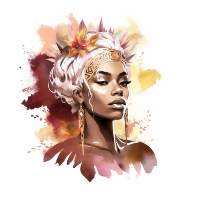 boho fantasy female elf african American clipart with pointy ears, beautiful, gold, white and, ash hair with beautiful glittery clothing in deep burgundy, white, rose gold , and splashy watercolour background