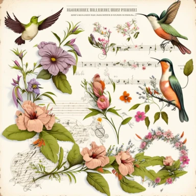 Floral Ephemera Elements Clipart scrapbooking flower embellishments old handwriting, music, birds butterflies bouquets