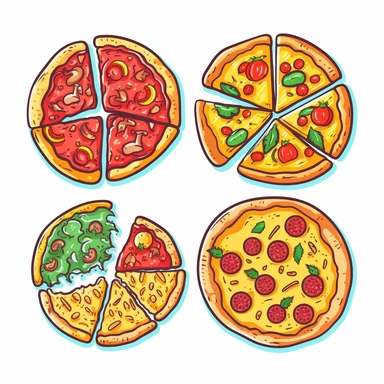bold line doodle clip art of pizza. Bright and colourful. 4 images per render with spaces between each image. Plain white background. High quality.