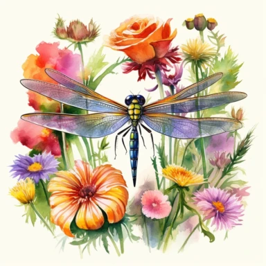 artwork in the style of cicely mary barker, clipart, whimsical watercolour illustration of a cute dragonfly and flowers, very colourful, watercolor clipart, book cover illustration, hyper HD