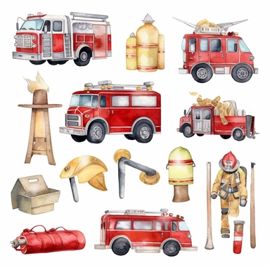 watercolor fire department elemets clipart cute neutral decent colors on white background
