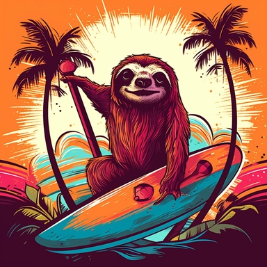 A sunglasses-clad sloth with a Cuban cigar surfing on a Hawaiian wave, eye-catching clipart, sunset colors and silhouettes of surfers in the background