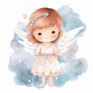 A watercolor painting of a little girl with angel wings.