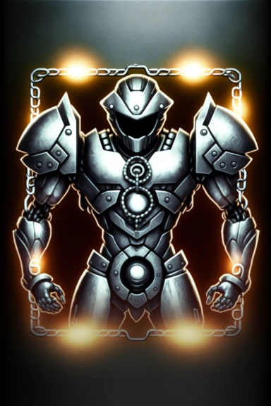 grungy metallic Flat coloured card design of a symmetric thick silver chain link icon cardback , cartoony clipart card design, Logo, glowing Gundam visor magic spell icon, little-flat Graphic Design , grey metal grid background